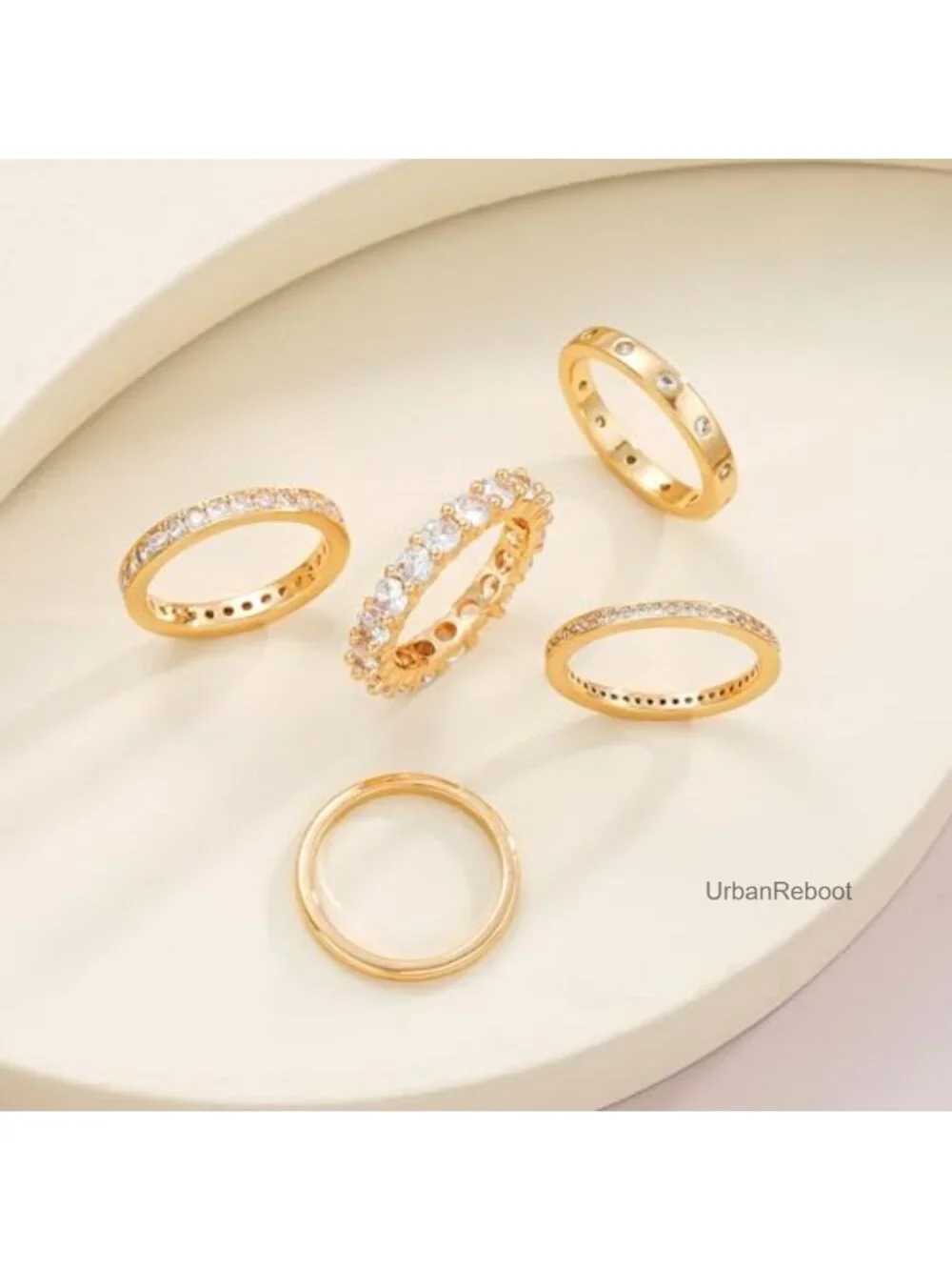 14k Gold Plated Stackable Rings Set for Women, 5pc Dainty Simulated Diamond